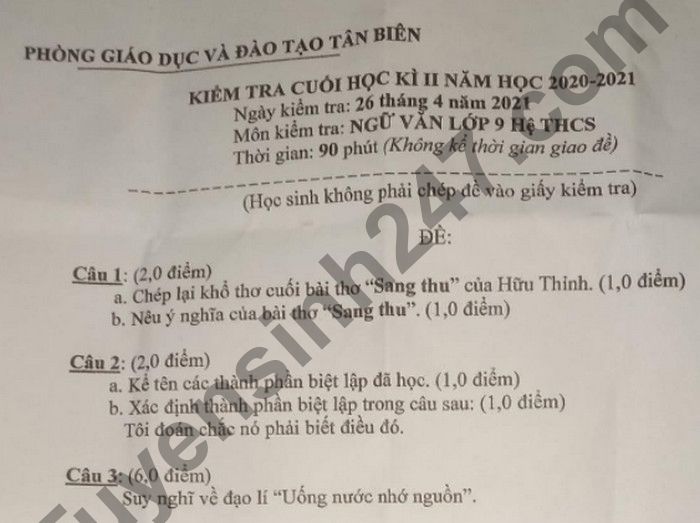 De thi hoc ki 2 mon Van lop 9 - Phong GD Tan Bien 2021