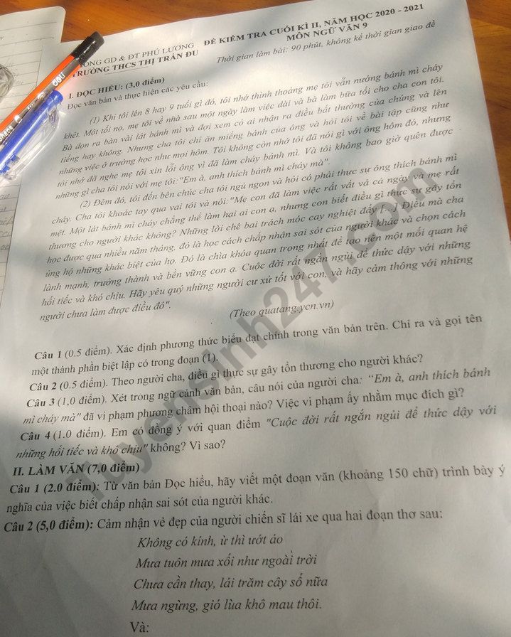 De thi hoc ki 2 mon Van lop 9 - THCS Thi tran Du 2021