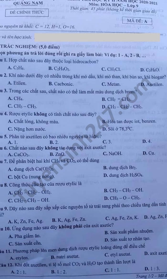 De thi hoc ki 2 mon Hoa lop 9 Tinh Quang Nam nam 2021