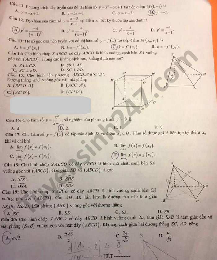De thi ki 2 nam 2021 mon Toan lop 11 THPT Tran Hung Dao