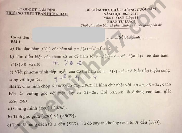 De thi ki 2 nam 2021 mon Toan lop 11 THPT Tran Hung Dao