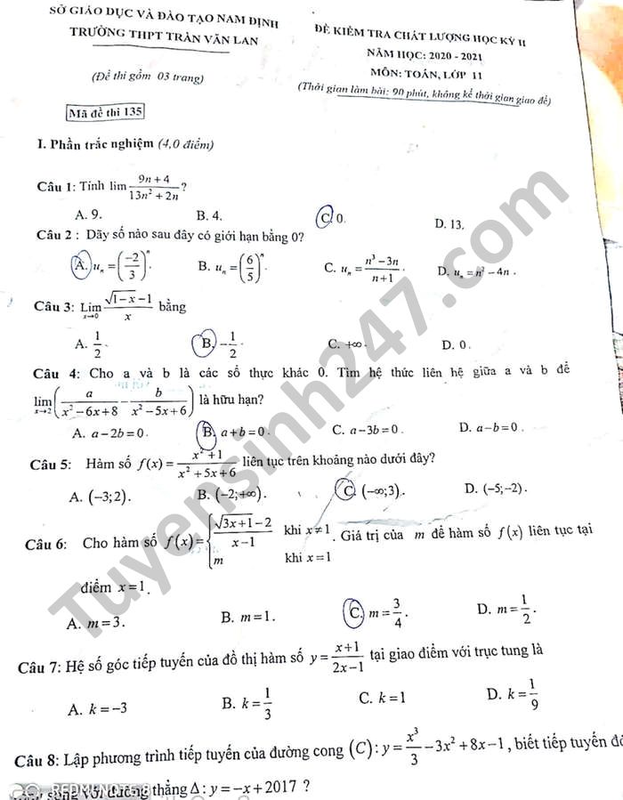De thi ki 2 THPT Tran Van Lan mon Toan lop 11 nam 2021