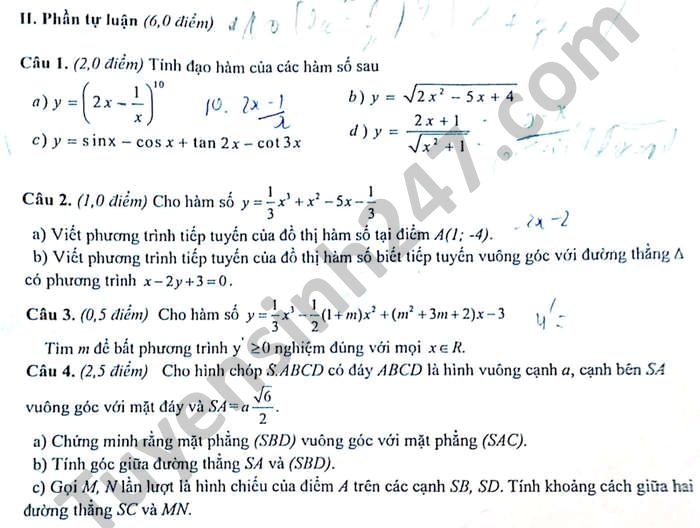 De thi ki 2 THPT Tran Van Lan mon Toan lop 11 nam 2021