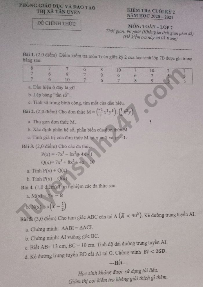 De thi hoc ki 2 nam 2021 Toan lop 7 - Phong GD TX Tan Uyen