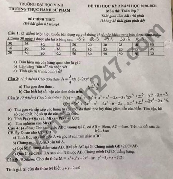 De thi hoc ki 2 2021 truong Thuc Hanh Su Pham- DH Vinh Toan lop 7