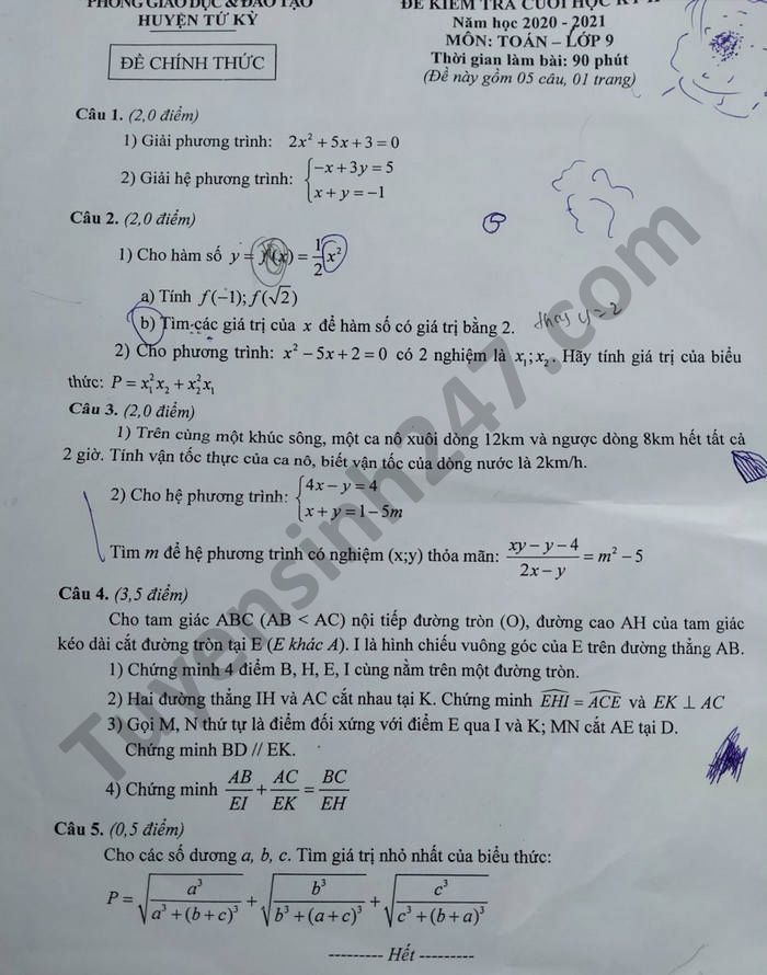 De thi hoc ki 2 mon Toan lop 9 nam 2021 huyen Tu Ky