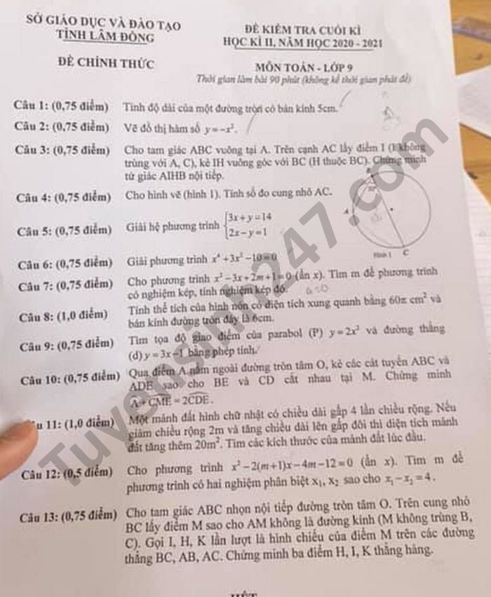 De thi hoc ki 2 nam 2021 mon Toan lop 9 Tinh Lam Dong