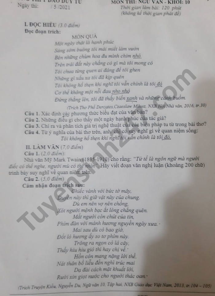 De thi hoc ki 2 mon Van lop 10 nam 2021 THPT Dao Duy Tu