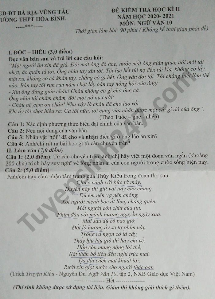De thi hoc ki 2 nam 2021 THPT Hoa Binh mon Van lop 10