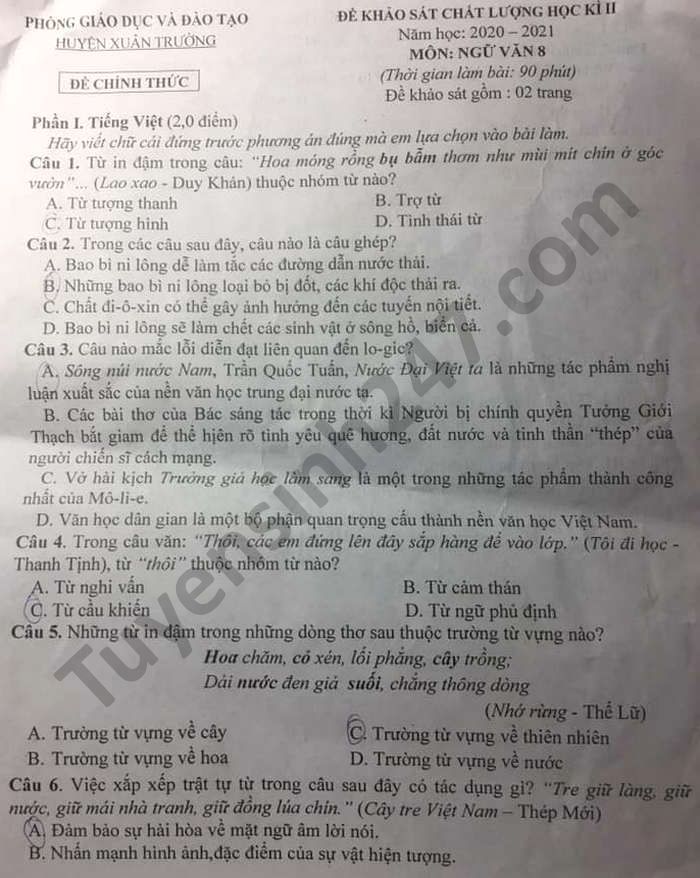 De thi hoc ki 2 mon Van lop 8 Huyen Xuan Truong nam 2021
