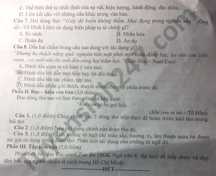 De thi hoc ki 2 mon Van lop 8 Huyen Xuan Truong nam 2021