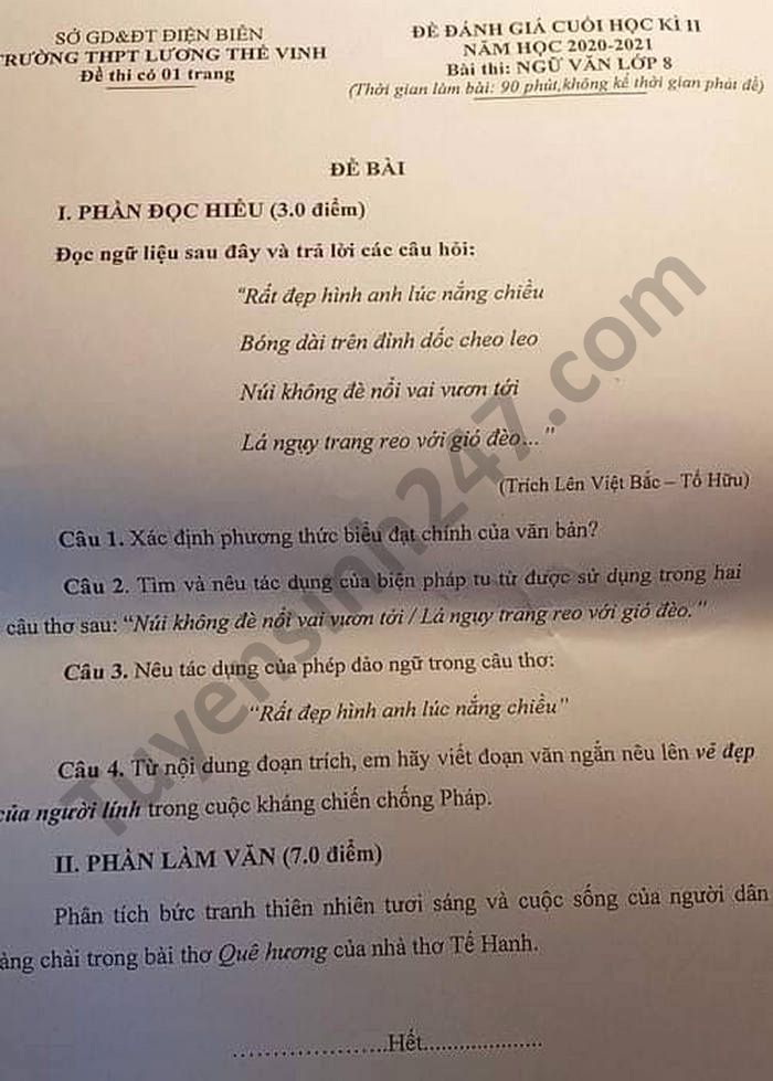 De thi hoc ki 2 mon Van lop 8 nam 2021 THPT Luong The Vinh