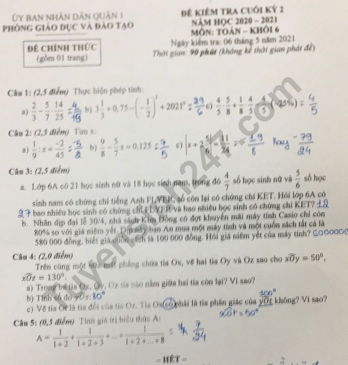 De thi ki 2 mon Toan lop 6 nam 2021 - Quan 1