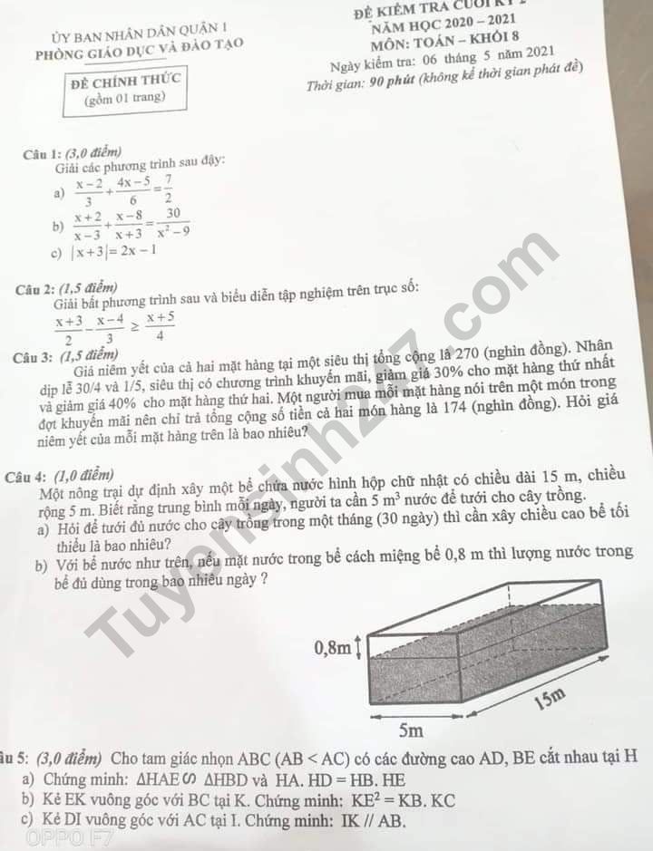 De thi ki 2 lop 8 mon Toan 2021 - Quan 1