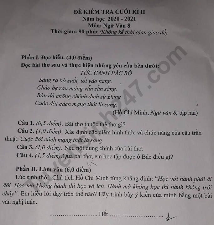 De thi ki 2 mon Van lop 8 - Phong GD Vo Nhai 2021