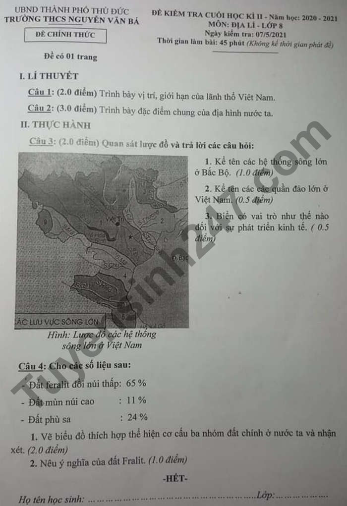 De thi hoc ki 2 mon Dia lop 8 - THCS Nguyen Van Ba 2021