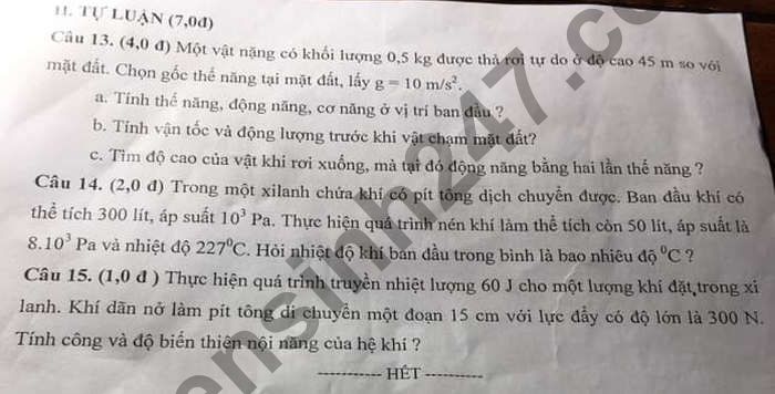 De thi ki 2 lop 10 mon Ly 2021 - THPT Nguyen Binh Khiem