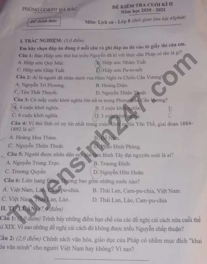 De thi cuoi ki 2 lop 8 mon Su 2021 - Phong GD Da Bac