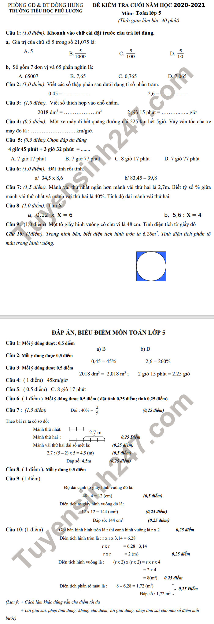De thi hoc ki 2 lop 5 mon Toan - TH Phu Luong 2021 (Co dap an)