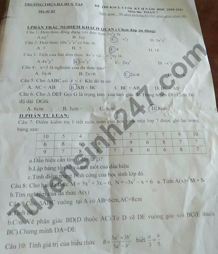 De thi ki 2 nam 2021 THCS Ha Huy Tap lop 7 mon Toan