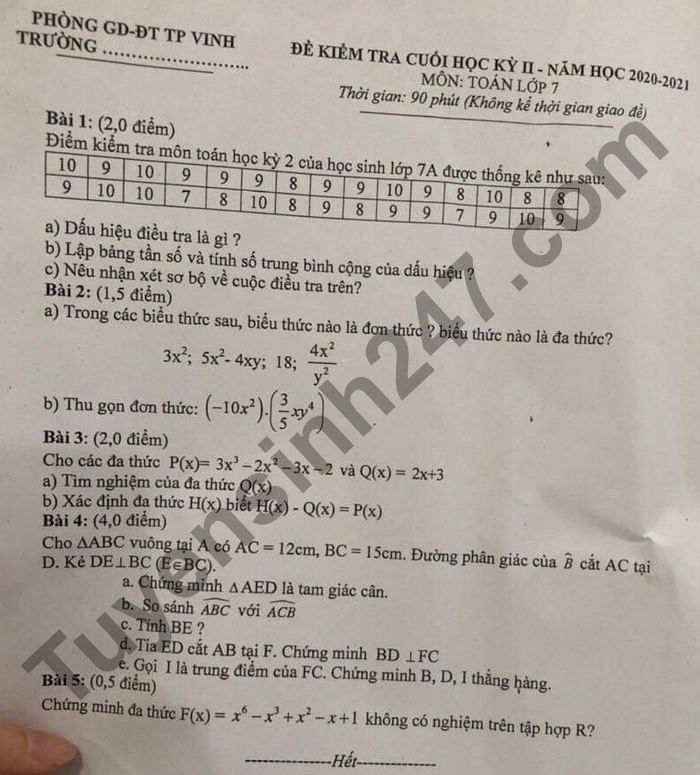 De thi hoc ki 2 nam 2021 THCS Ha Huy Tap lop 7 mon Toan