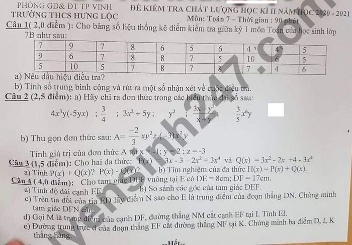 De thi hoc ki 2 mon Toan lop 7 - THCS Hung Loc 2021