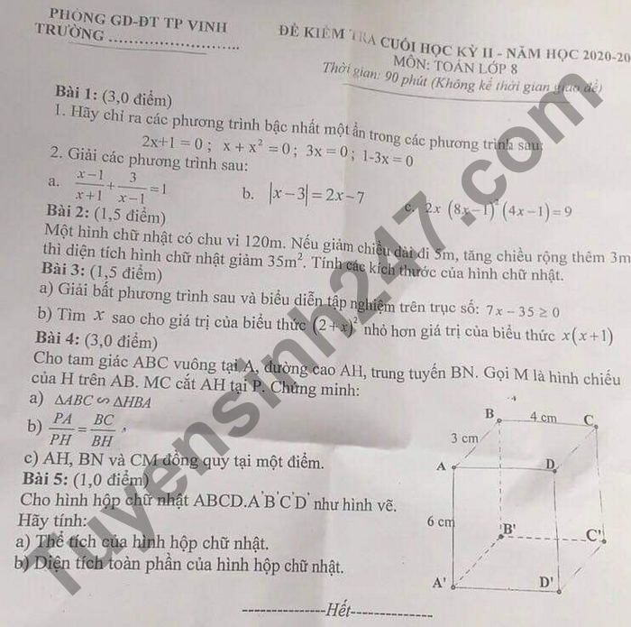 De thi hoc ki 2 mon Toan lop 8 - THCS Ha Huy Tap 2021