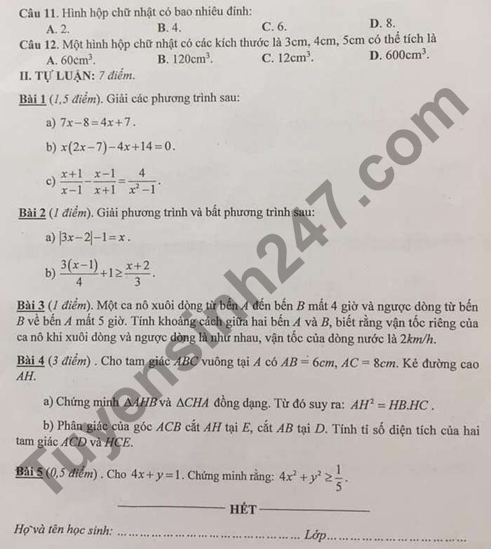 De thi hoc ki 2 mon Toan lop 8 - TX Pho Yen 2021