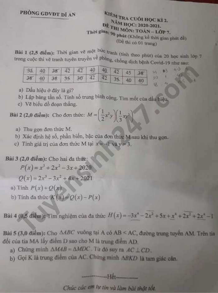 De thi hoc ki 2 nam 2021 mon Toan lop 7 Phong GD Di An