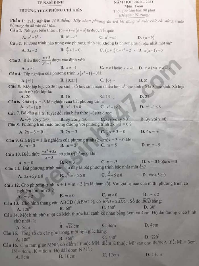 De thi hoc ki 2 THCS Phung Chi Kien mon Toan lop 8 nam 2021