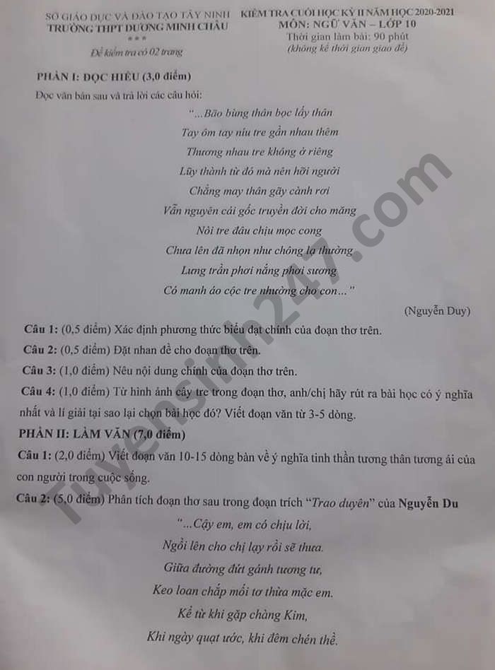 De thi hoc ki 2 mon Van lop 10 nam 2021 THPT Duong Minh Chau