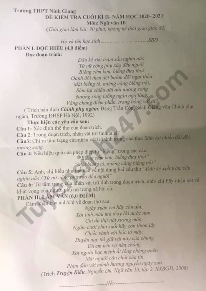 De thi hoc ki 2 mon Van nam 2021 lop 10 THPT Ninh Giang