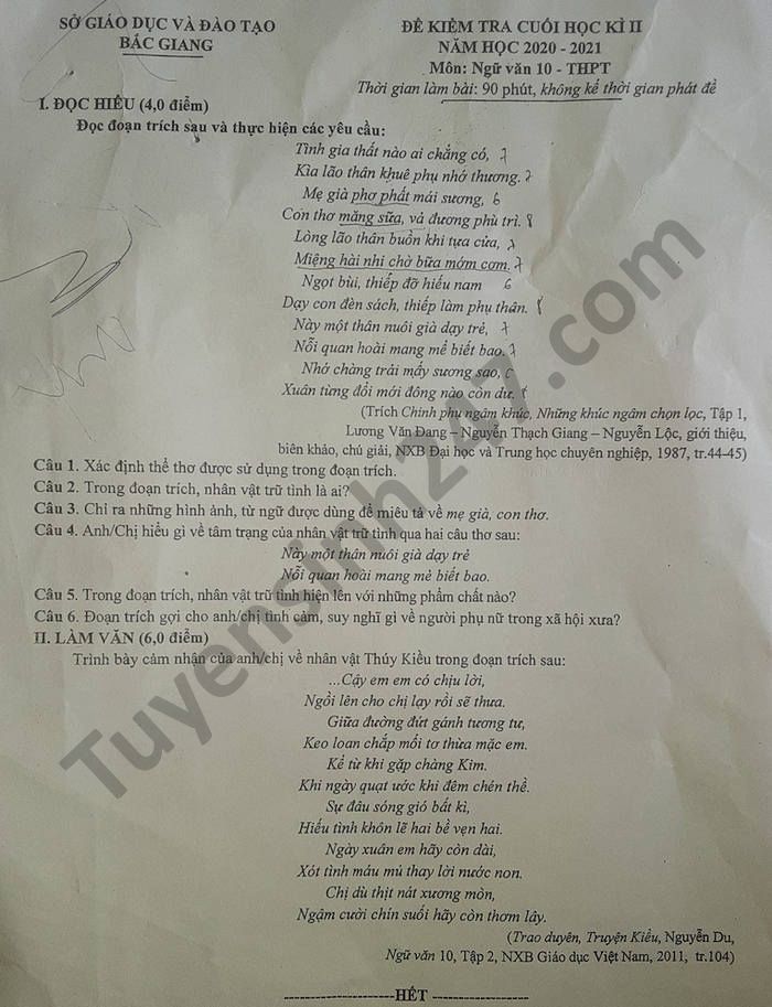 De thi hoc ki 2 mon Van lop 10 Tinh Bac Giang nam 2021