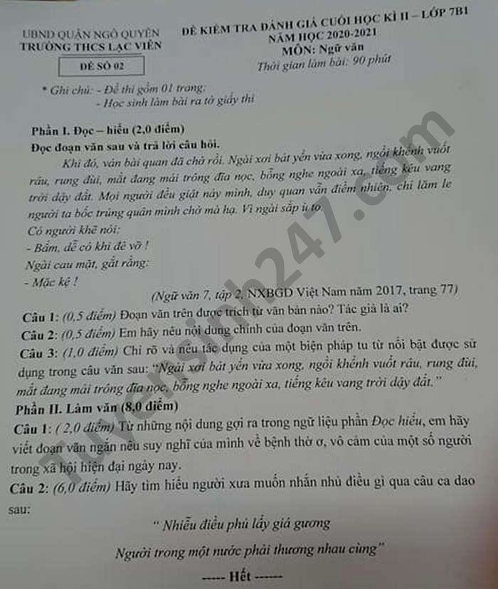 De thi hoc ki 2 THCS Lac Vien nam 2021 mon Van lop 7