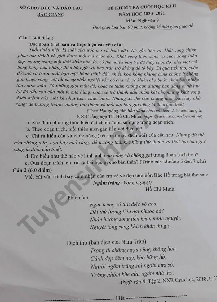 De thi hoc ki 2 mon Van lop 8 nam 2021 tinh Bac Giang