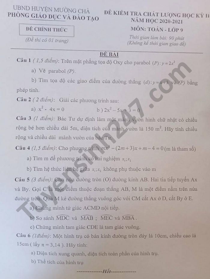 De thi hoc ki 2 Phong GD Muong Cha mon Toan lop 9 nam 2021