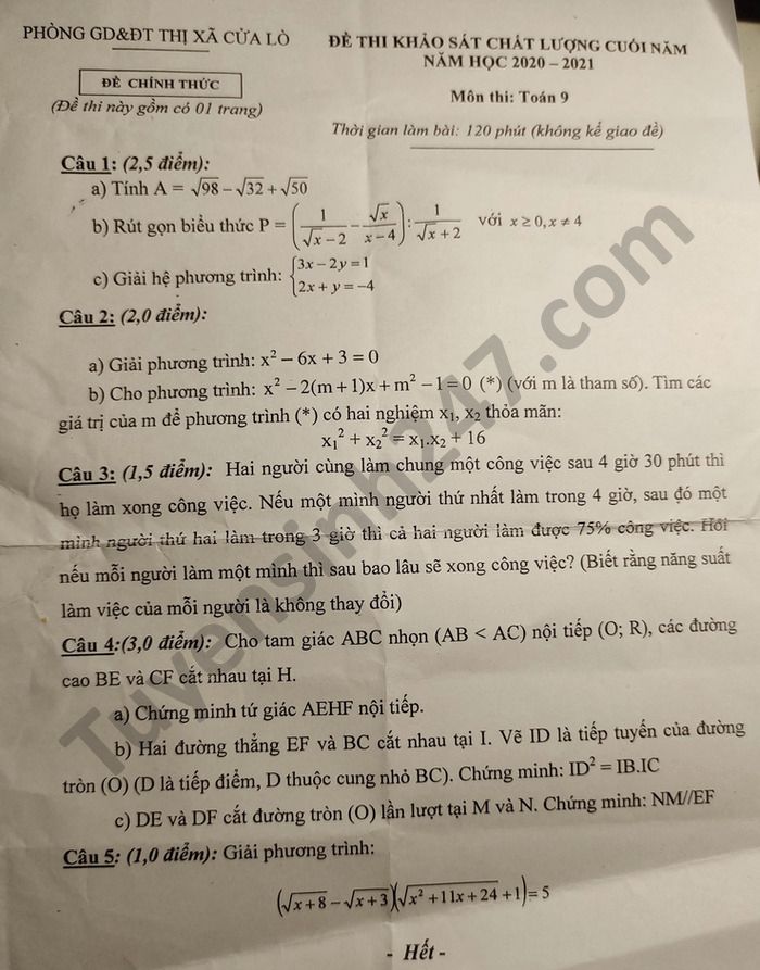 De thi hoc ki 2 nam 2021 mon Toan lop 9 Phong GD TX Cua Lo