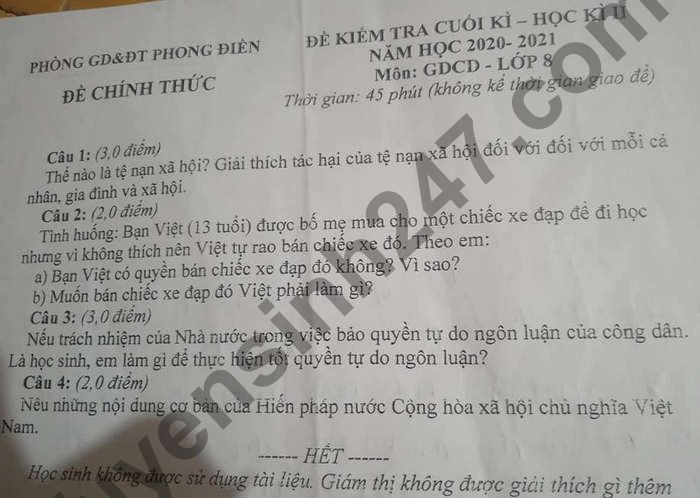 De thi hoc ki 2 mon GDCD lop 8 - Phong GD Phong Dien 2021