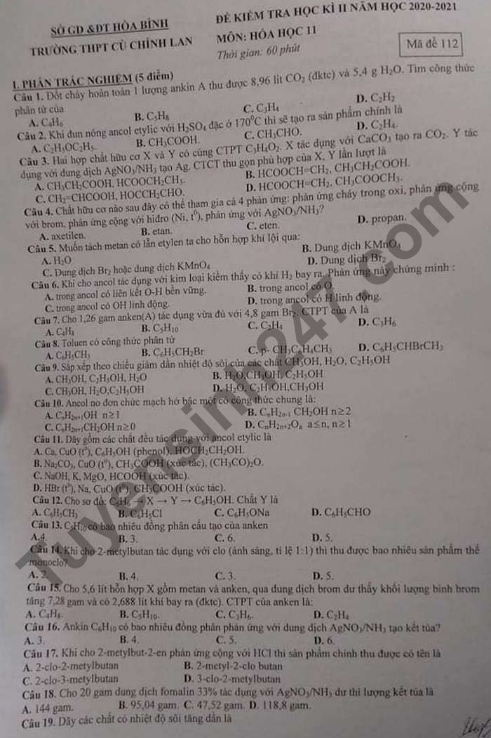 De thi hoc ki 2 mon Hoa lop 11 - THPT Cu Chinh Lan 2021