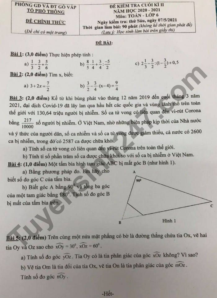 De thi hoc ki 2 mon Toan lop 6 - Phong GD Go Vap 2021