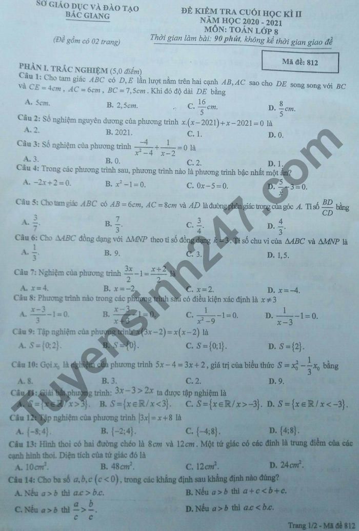 De thi hoc ki 2 lop 8 mon Toan 2021 tinh Bac Giang