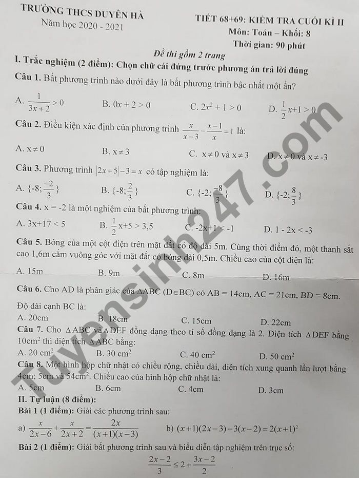 De thi hoc ki 2 nam 2021 THCS Duyen Ha lop 8 mon Toan