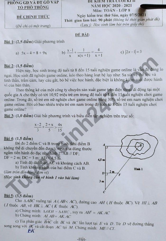 De thi ki 2 mon Toan lop 8 - Phong GD Go Vap 2021