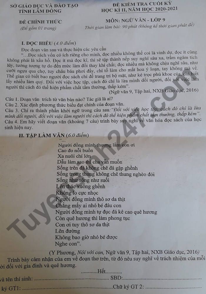 De thi hoc ki 2 lop 9 mon Van - Tinh Lam Dong 2021