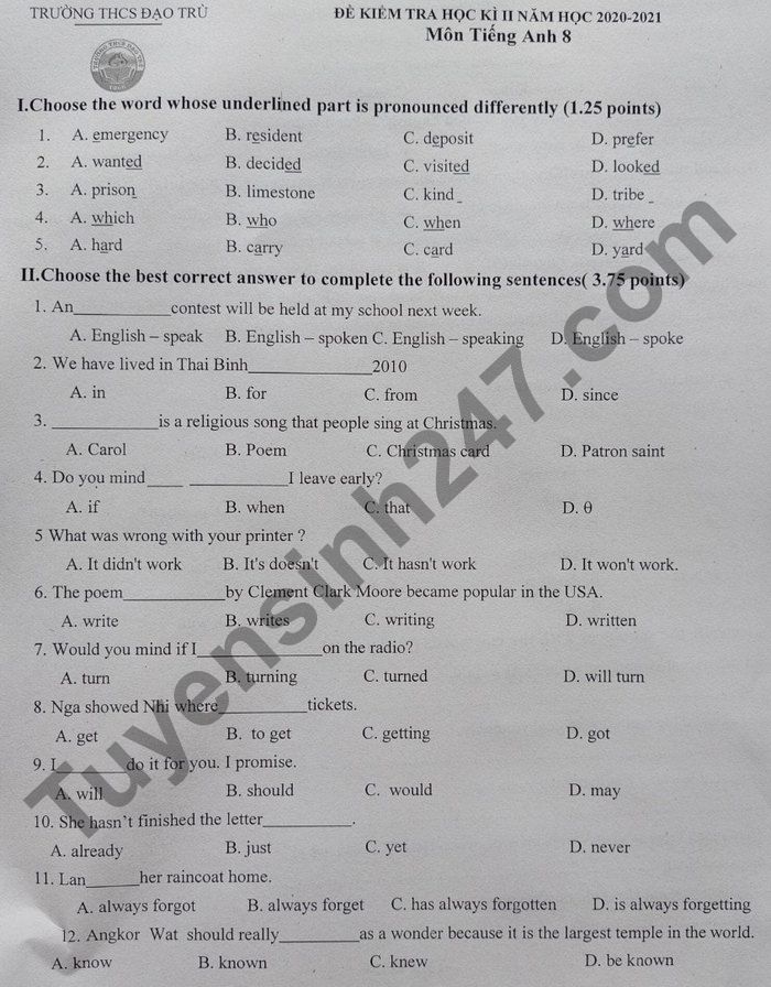 De thi hoc ki 2 mon Anh lop 8 - THCS Dao Tru 2021