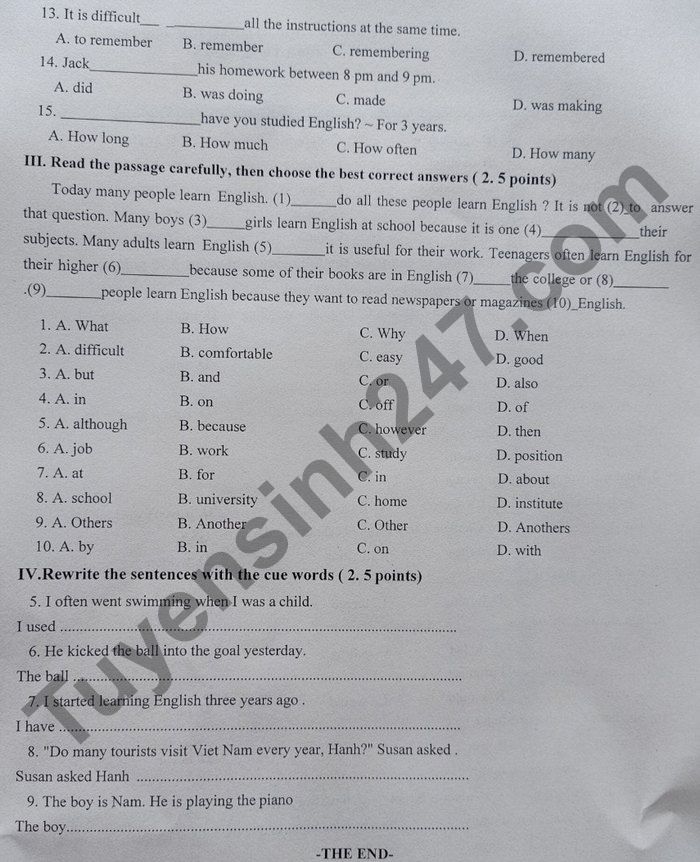 De thi hoc ki 2 mon Anh lop 8 - THCS Dao Tru 2021