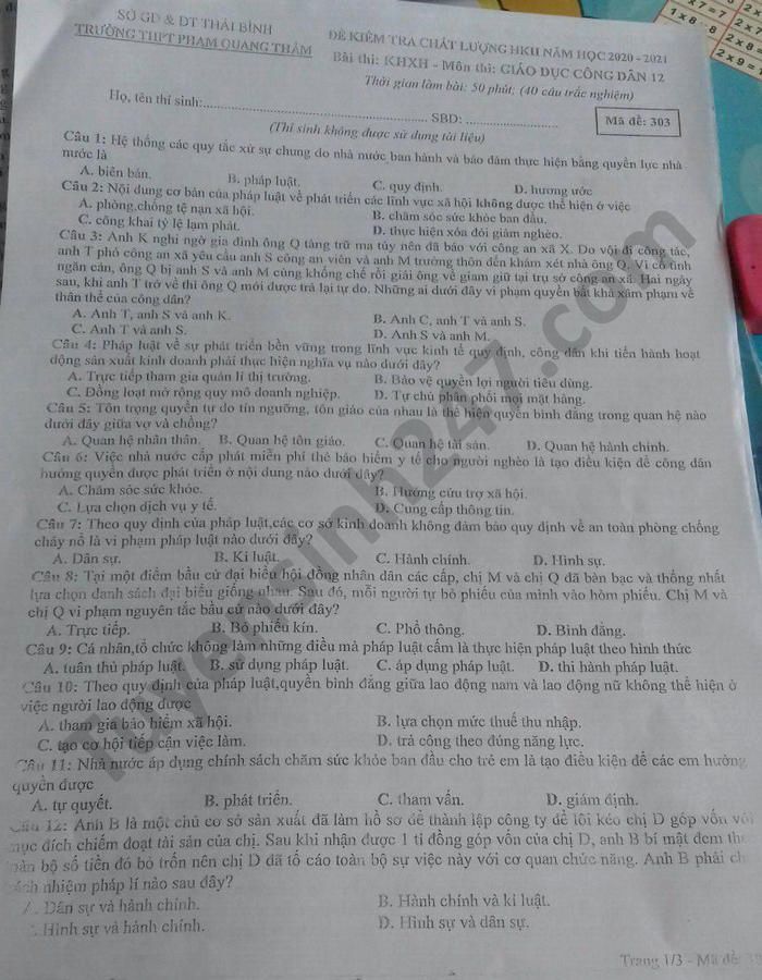De thi hoc ki 2 THPT Pham Quang Tham mon GDCD lop 12 nam 2021
