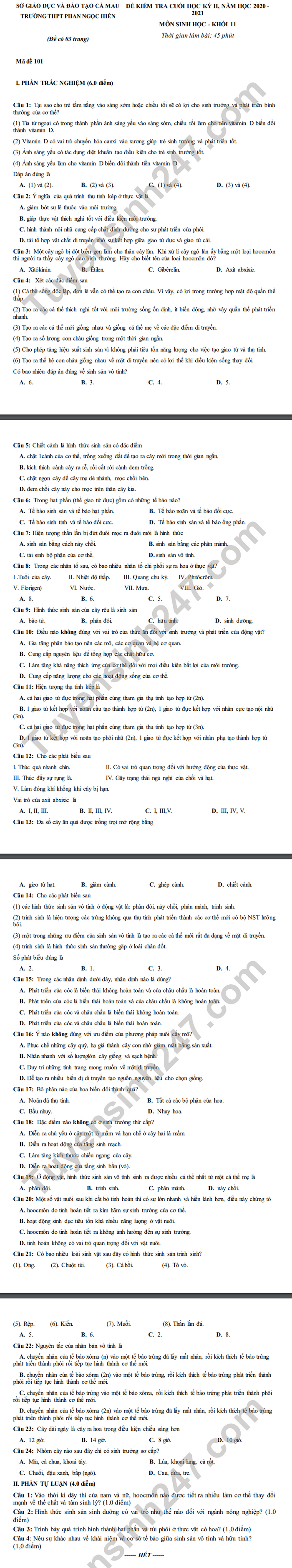 De thi hoc ki 2 mon Sinh lop 11 THPT Phan Ngoc Hien nam 2021