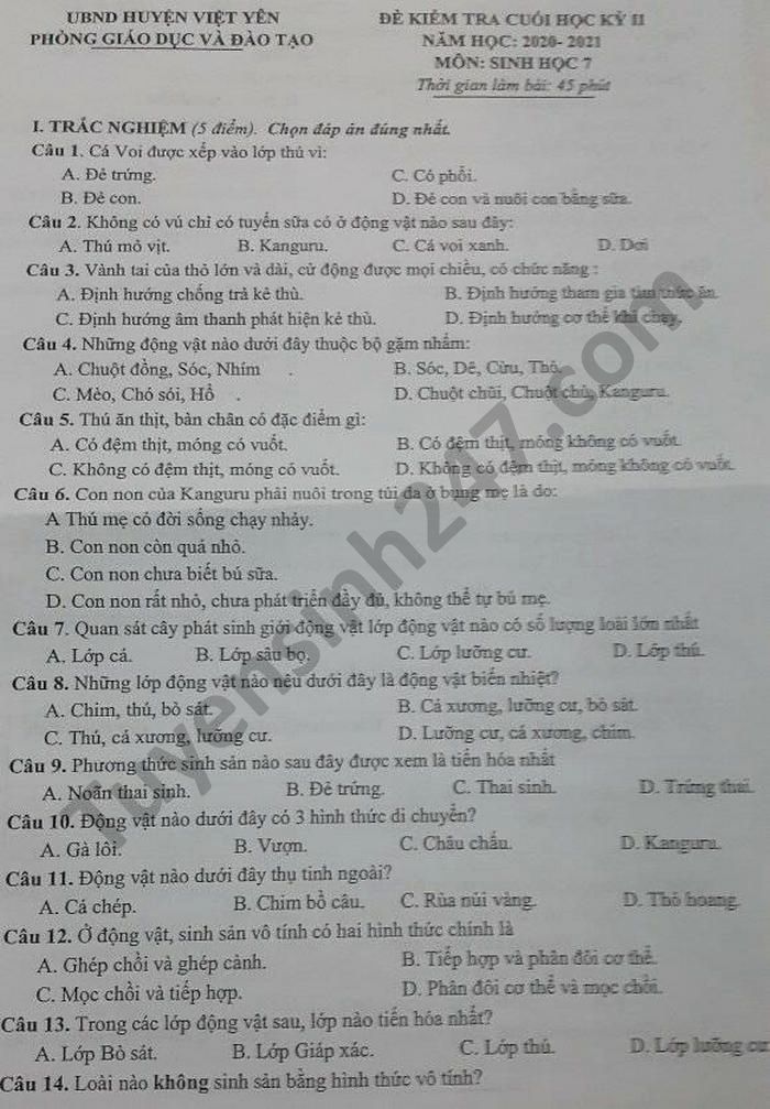 De thi hoc ki 2 mon Sinh lop 7 Phong GD Viet Yen nam 2021
