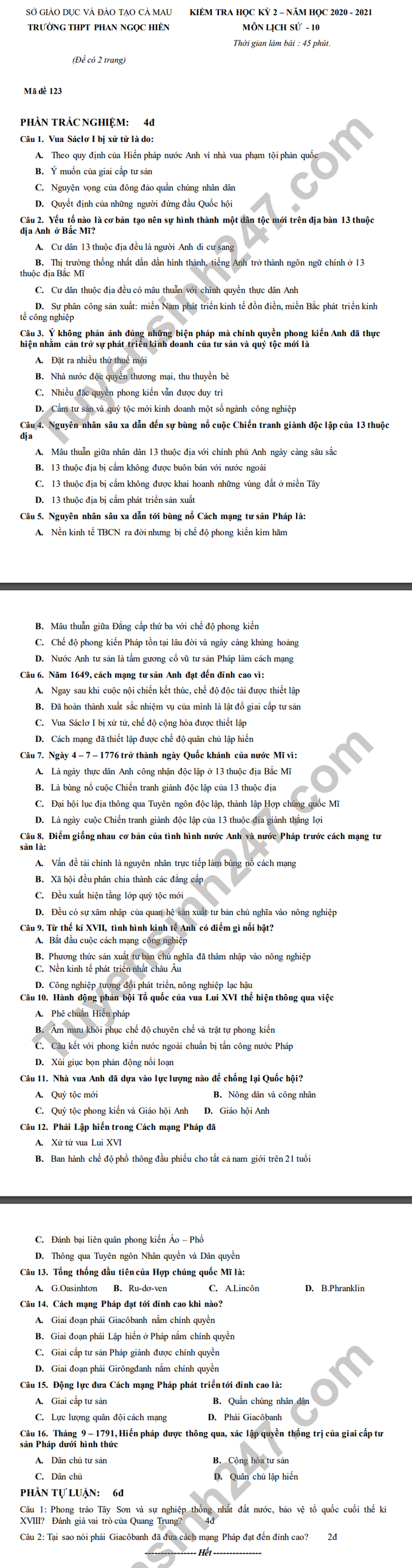 De thi hoc ki 2 mon Su lop 10 nam 2021 THPT Phan Ngoc Hien